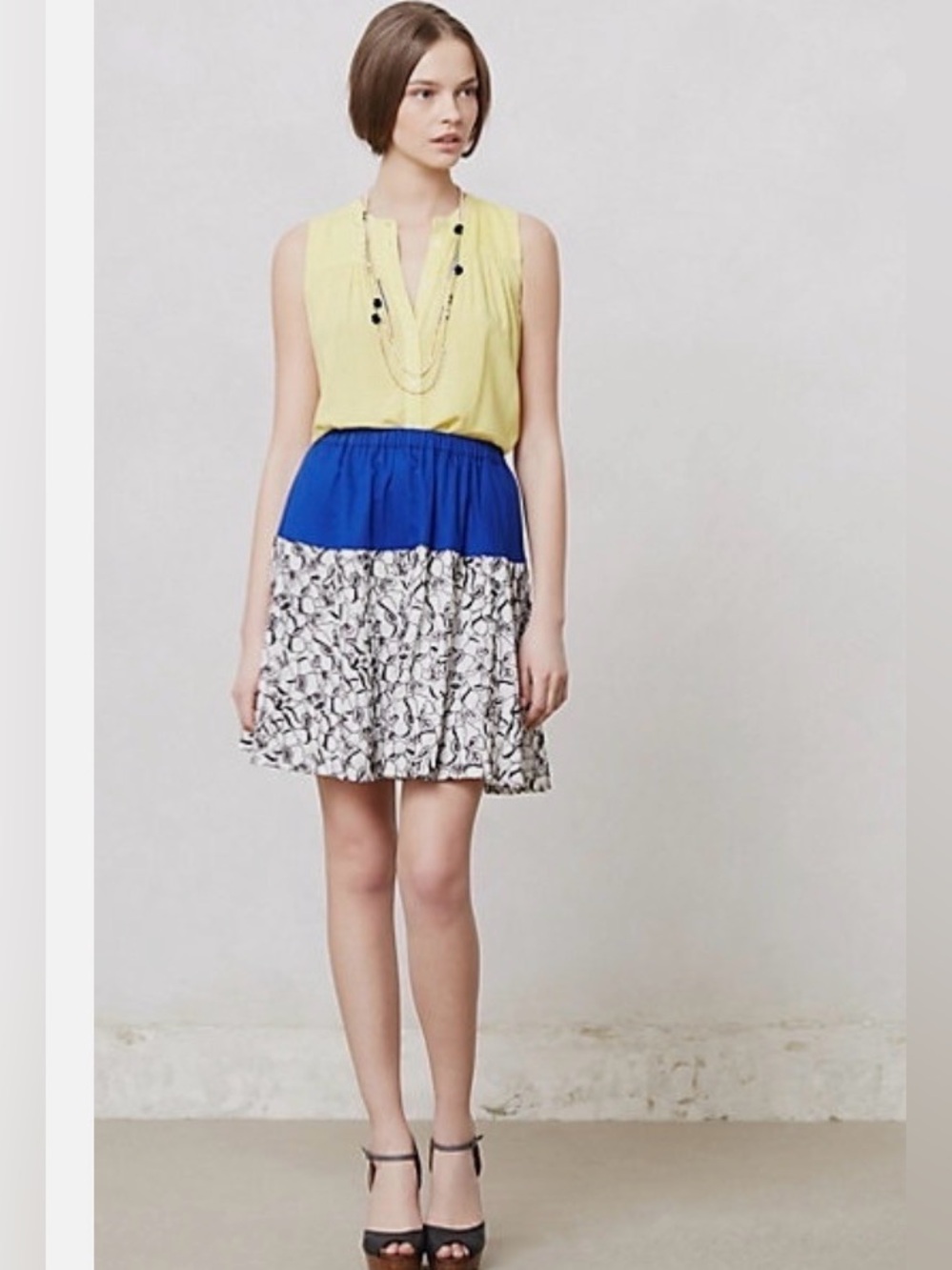 Anthropologie Blue and White Floral Mini Skirt with Royal Panel
